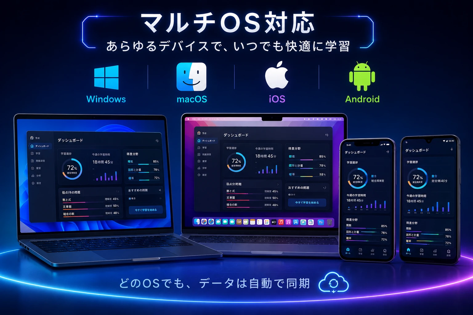 Windows、macOS、iOS、Androidで使える宅建BOOSTのマルチOS対応イメージ